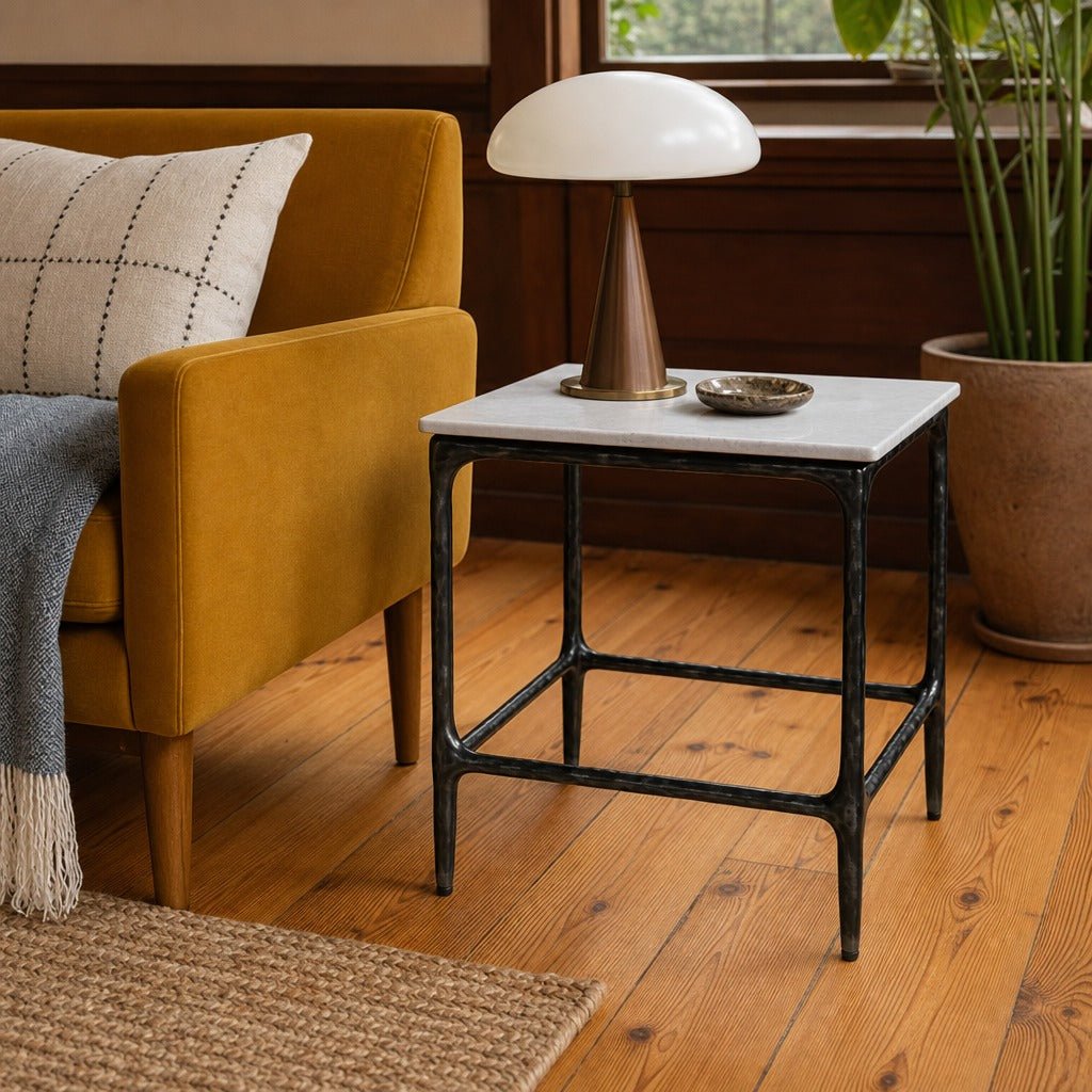 Ebby Square Genuine Marble Top Metal End Table White styled in Portland Hawthorne Craftsmbungalow living room - What&
