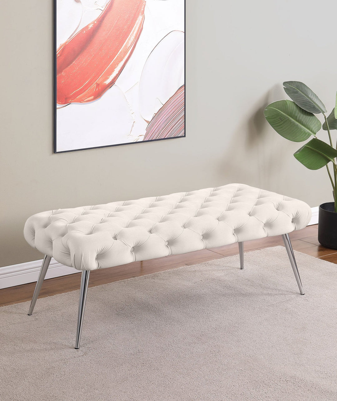 Ella Upholstered Tufted Bench Stainless Steel Legs Ivory - What&