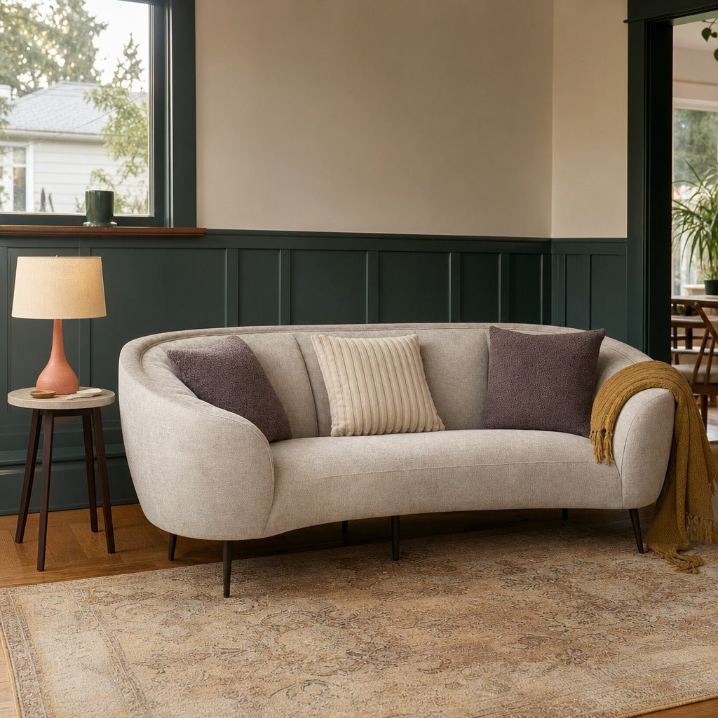 Ellorie Upholstered Channel Back Curved Sofa Beige styled in Portland Hawthorne Craftsmbungalow living room - What&