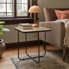 Elyna Square Stone Top Accent Side Table Beige styled in Portland Laurelhurst Tudor cottage living room - What&