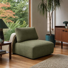 Elysia Fabric Upholstered Modular Armless Chair Green styled in Portland Mt. Tabor mid-century daylight ranch living room - What&