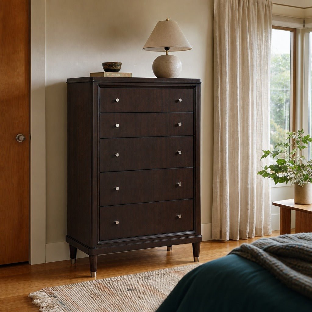 Emberlyn 5 Drawer Bedroom Chest Brown styled in Portland Mt. Tabor mid-century daylight ranch living room - What&