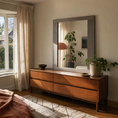 Fenwick Dresser Mirror Grey Oak styled in Portland 1960s Garden Home ranch living room - What&