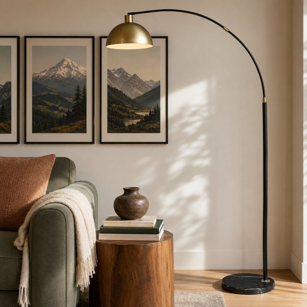 Gloria Arched Floor Lamp styled in a bright mid-century modern Portland reading nook - Whats New Furniture
