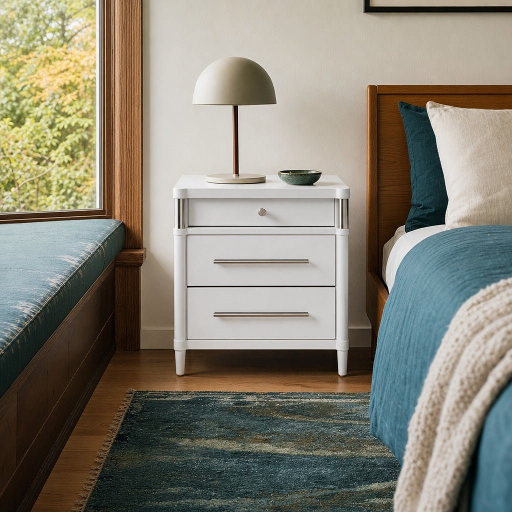 Gracemont 3 Drawer Bedroom Nightstand Bedside Table White styled in Portland Mt. Tabor mid-century daylight ranch living room - What&