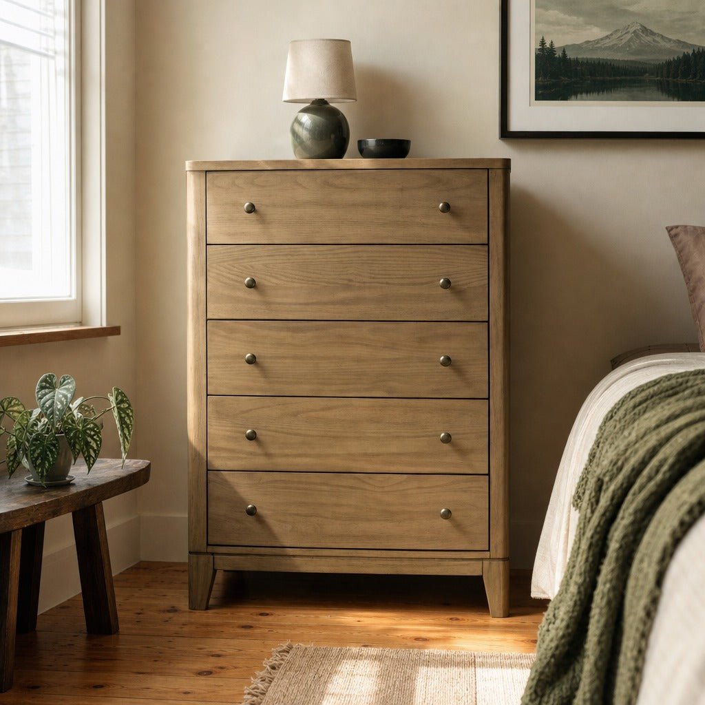 Granada 5 Drawer Bedroom Chest Of Drawers Natural Pine styled in Portland Sellwood cottage living room - What&