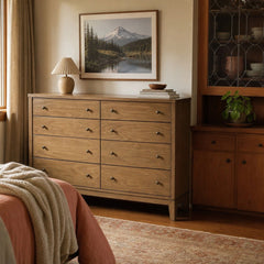 Granada 8 Drawer Dresser Cabinet Natural Pine styled in Portland 1960s Garden Home ranch living room - What&