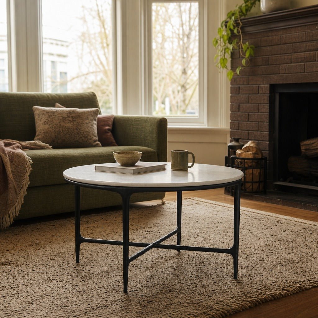 Hermas Round Genuine Marble Top Metal Coffee Table White styled in Portland NW 23rd Victoriwith a bay window living room - What&