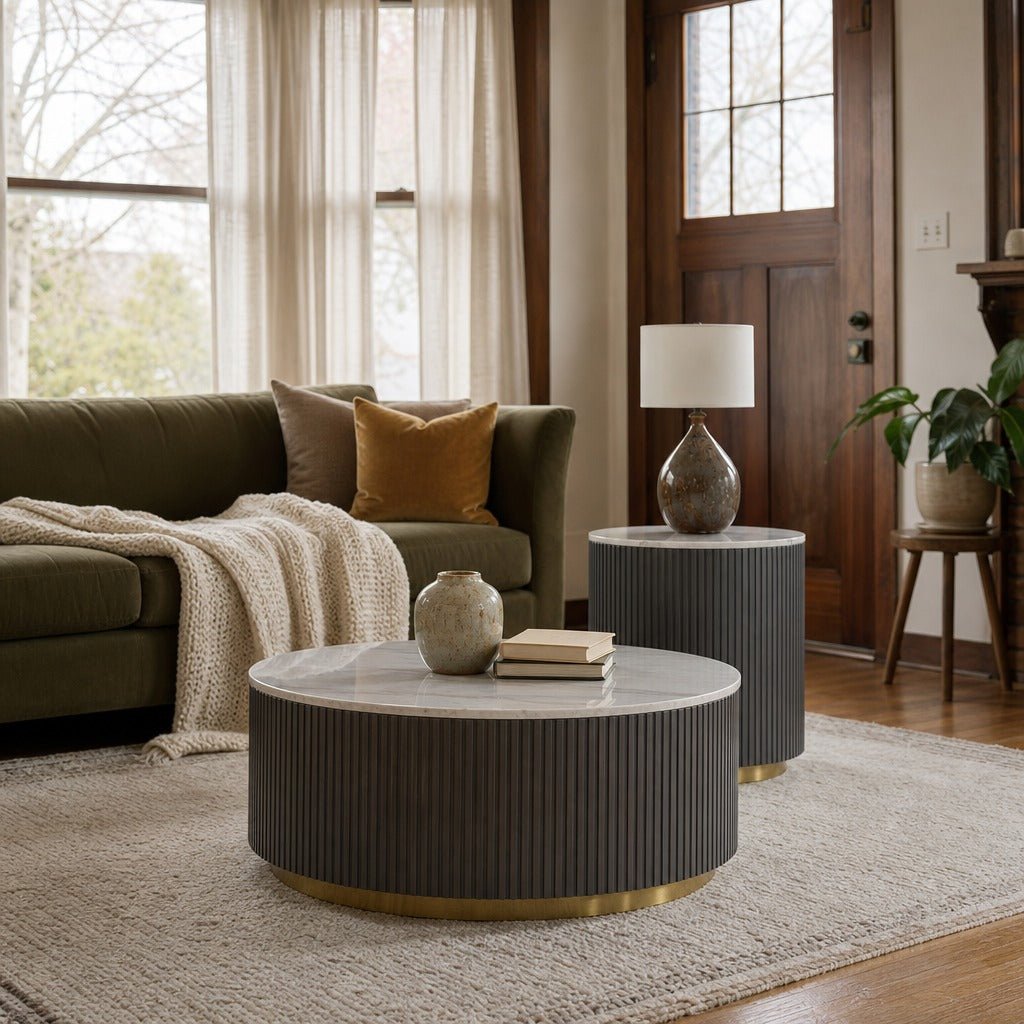 Jason 2 Piece Round White Marble Coffee Table Set Charcoal styled in Portland St. Johns bungalow living room - What&