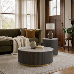 Jason 2 Piece Round White Marble Coffee Table Set Charcoal styled in Portland St. Johns bungalow living room - What&