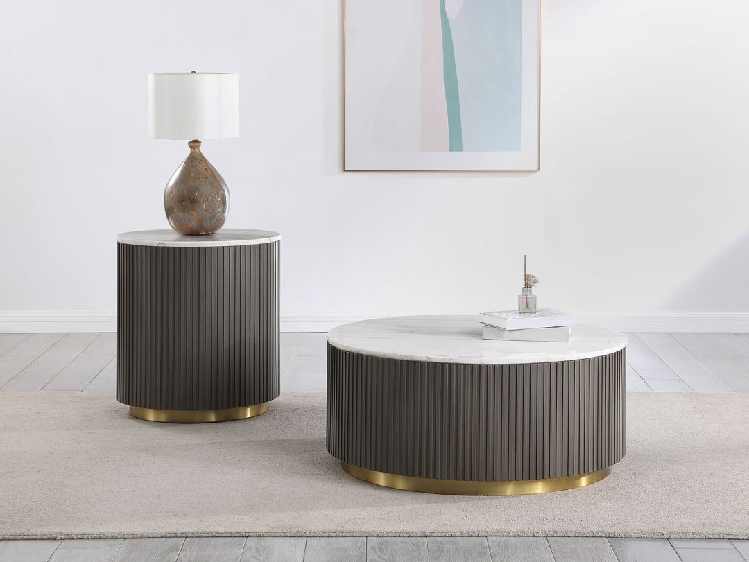 Jason 2-piece Round White Marble Coffee Table Set Charcoal - What's New Furniture Portland