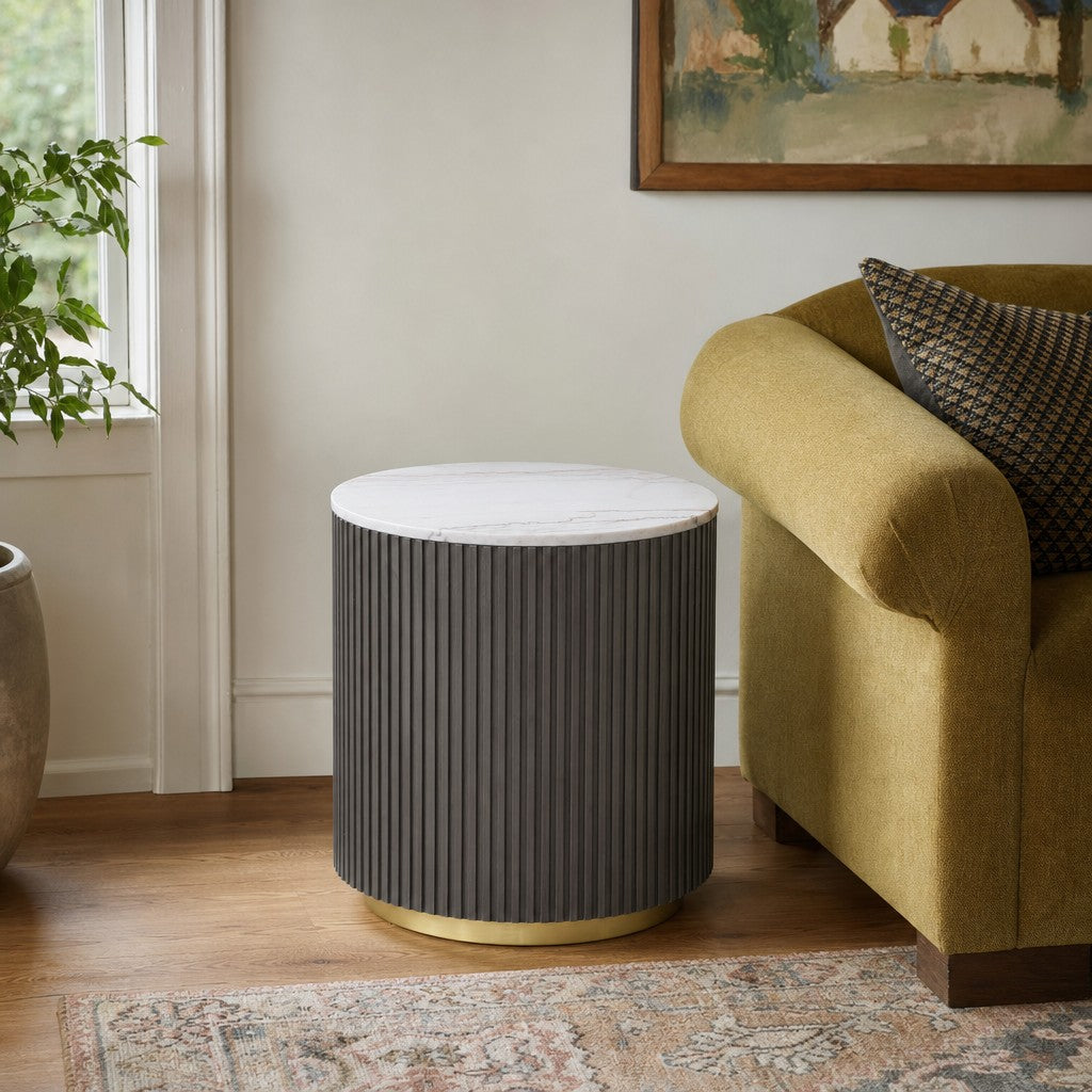 Jason Round White Marble End Table Charcoal styled beside a sofa in a Portland living room - What&