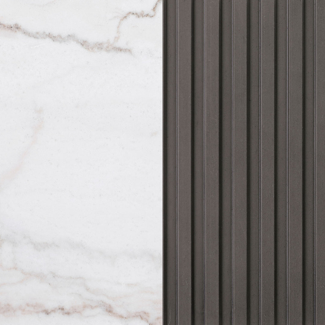 Jason end table detail showing the marble top beside the fluted charcoal base