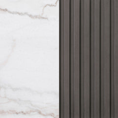 Jason end table detail showing the marble top beside the fluted charcoal base