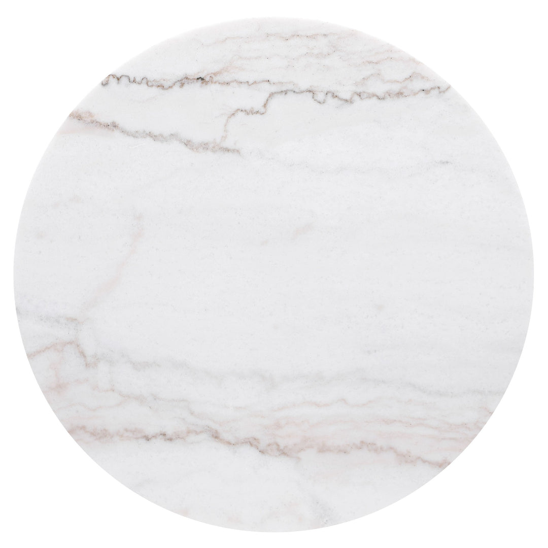 Jason end table round white marble top with soft gray veining, overhead view