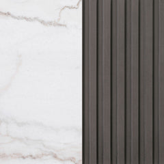 Jason end table detail showing the marble top beside the fluted charcoal base