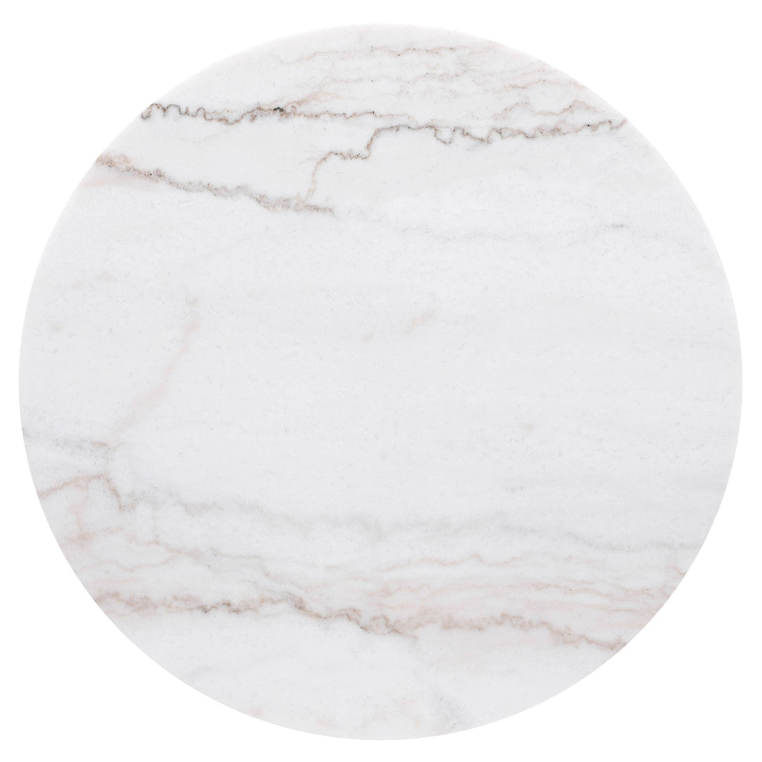 Jason end table round white marble top with soft gray veining, overhead view