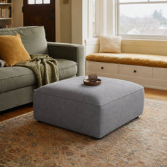 Jennifer Square Upholstered Ottoman Grey styled in Portland St. Johns bungalow living room - What&