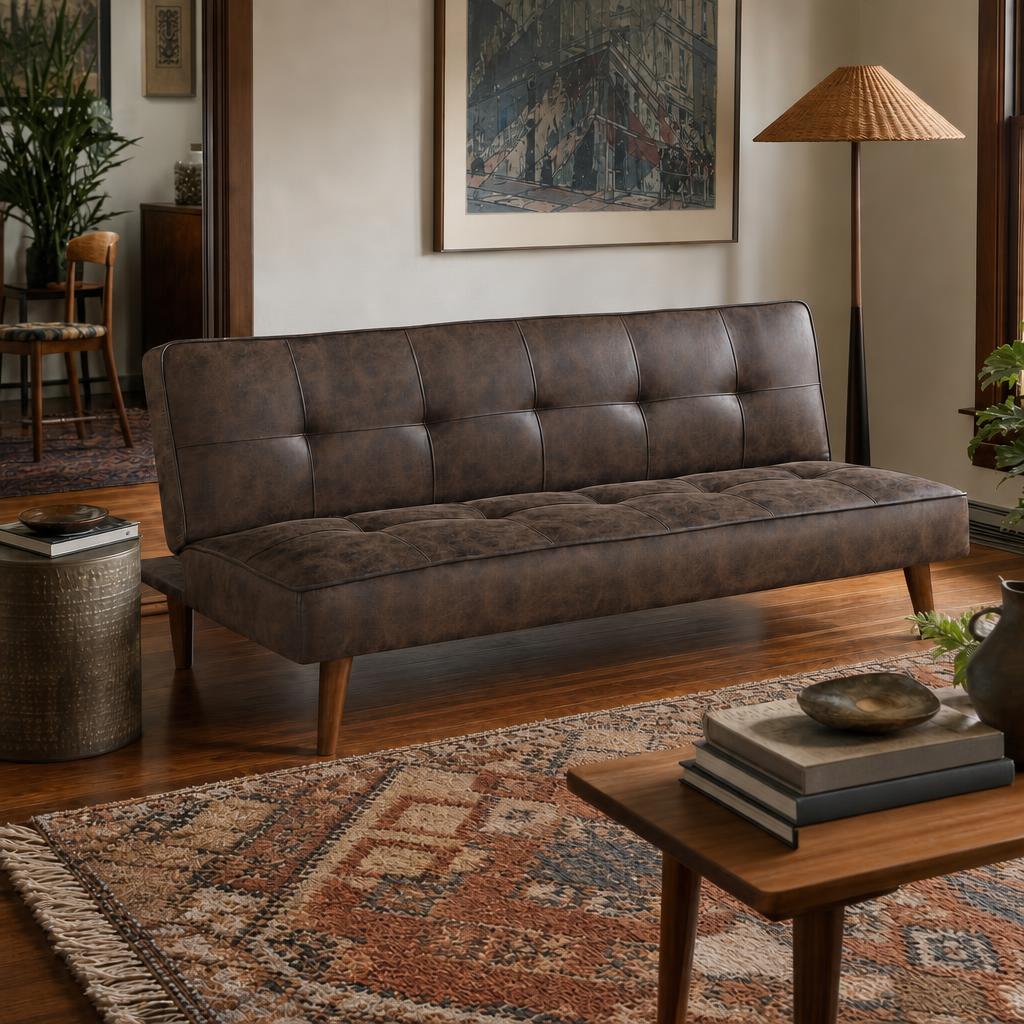 Jenson Tufted Convertible Sofa Bed in Dark Coffee, tufted convertible sofa bed in a Portland living room - Whats New Furniture