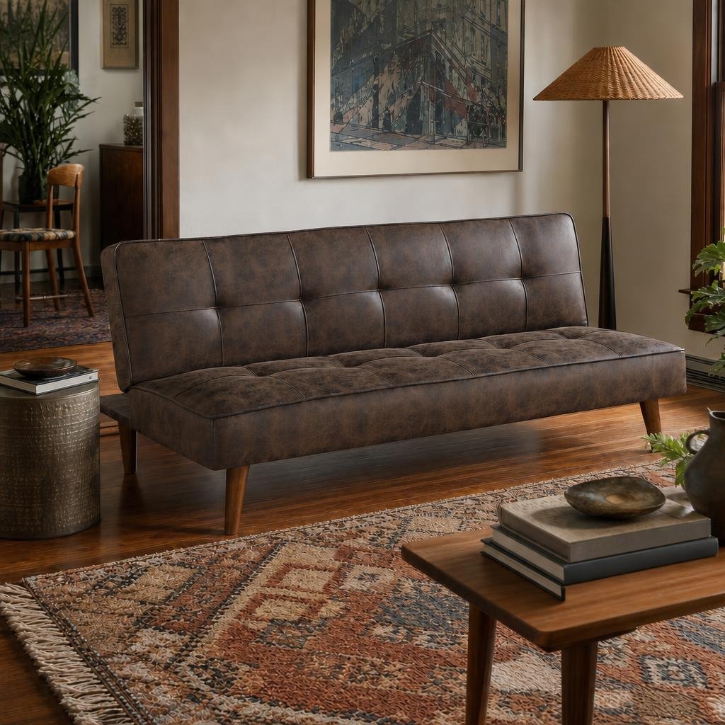 Jenson Tufted Convertible Sofa Bed in Dark Coffee, tufted convertible sofa bed in a Portland living room - Whats New Furniture