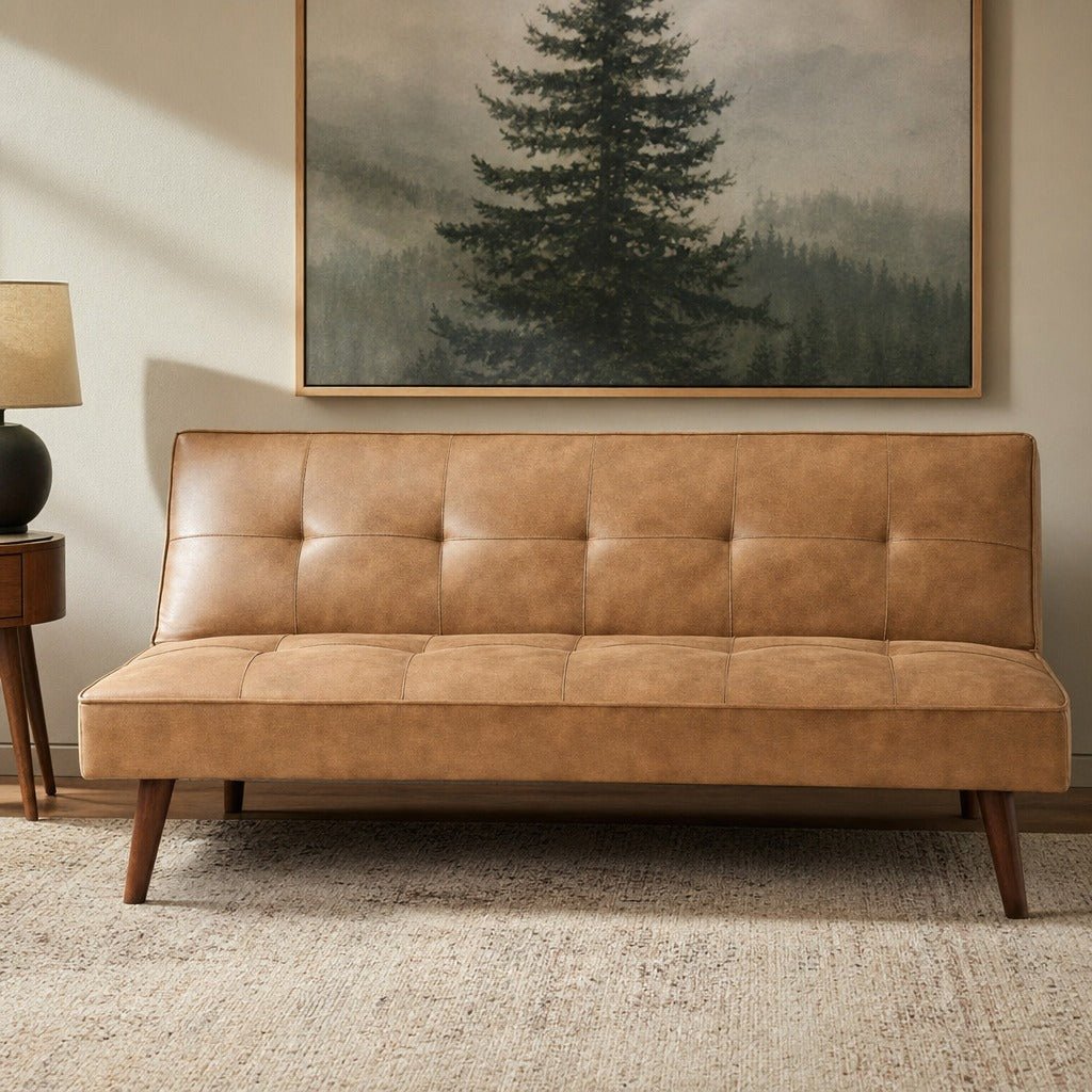 Jenson Tufted Convertible Sofa Bed styled in a bright mid-century modern Portland guest room - Whats New Furniture