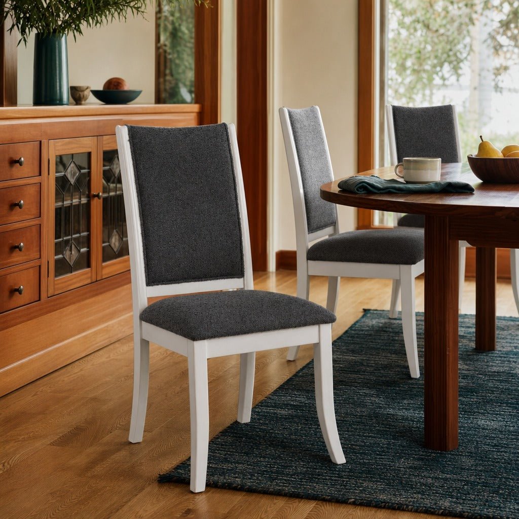Judd Upholstered Dining Side Chair Pearl White Set Of 2 styled in Portland Mt. Tabor mid-century daylight ranch living room - What&