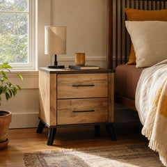 Kaywood 2 Drawer Nightstand Bedside Table Natural Pine styled in Portland St. Johns bungalow living room - What&