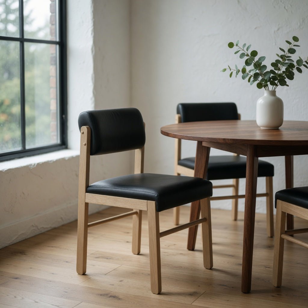 Kehoe Upholstered Dining Side Chair Black and Natural Oak styled in a Portland dining room - What&