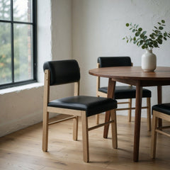 Kehoe Upholstered Dining Side Chair Black and Natural Oak styled in a Portland dining room - What&