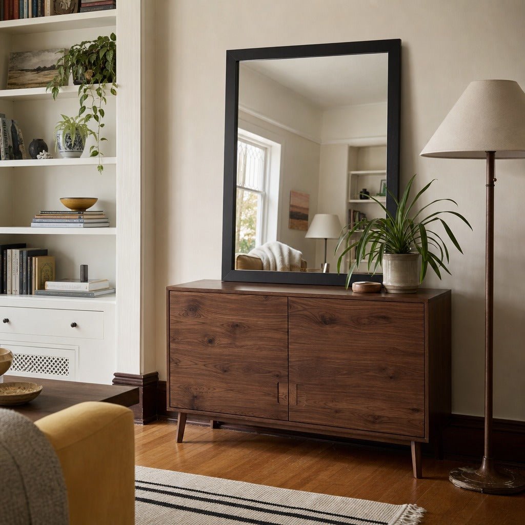 Kendall Dresser Mirror Black styled in Portland Irvington foursquare with original built-ins living room - What&