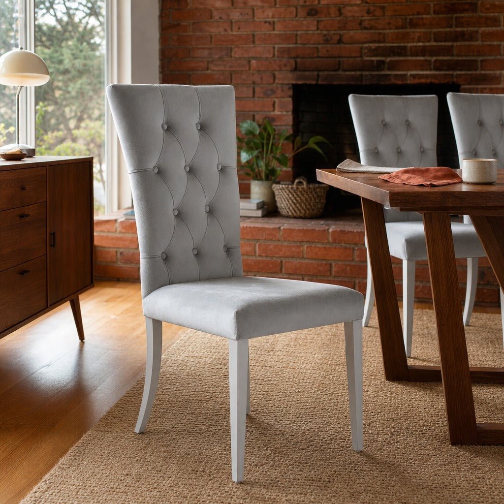 Kerwin Velvet Upholstered Dining Side Chair Grey Set Of 2 styled in Portland 1960s Garden Home ranch living room - What&