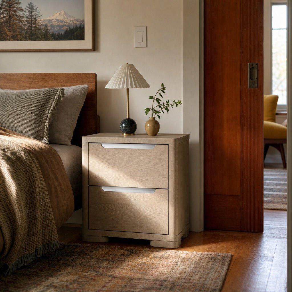Ladera 2 Drawer Nightstand Bedside Table Light Elm styled in Portland St. Johns bungalow living room - What&