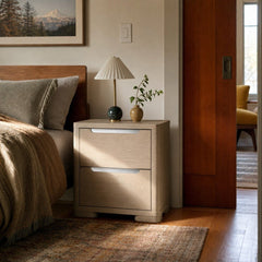 Ladera 2 Drawer Nightstand Bedside Table Light Elm styled in Portland St. Johns bungalow living room - What&