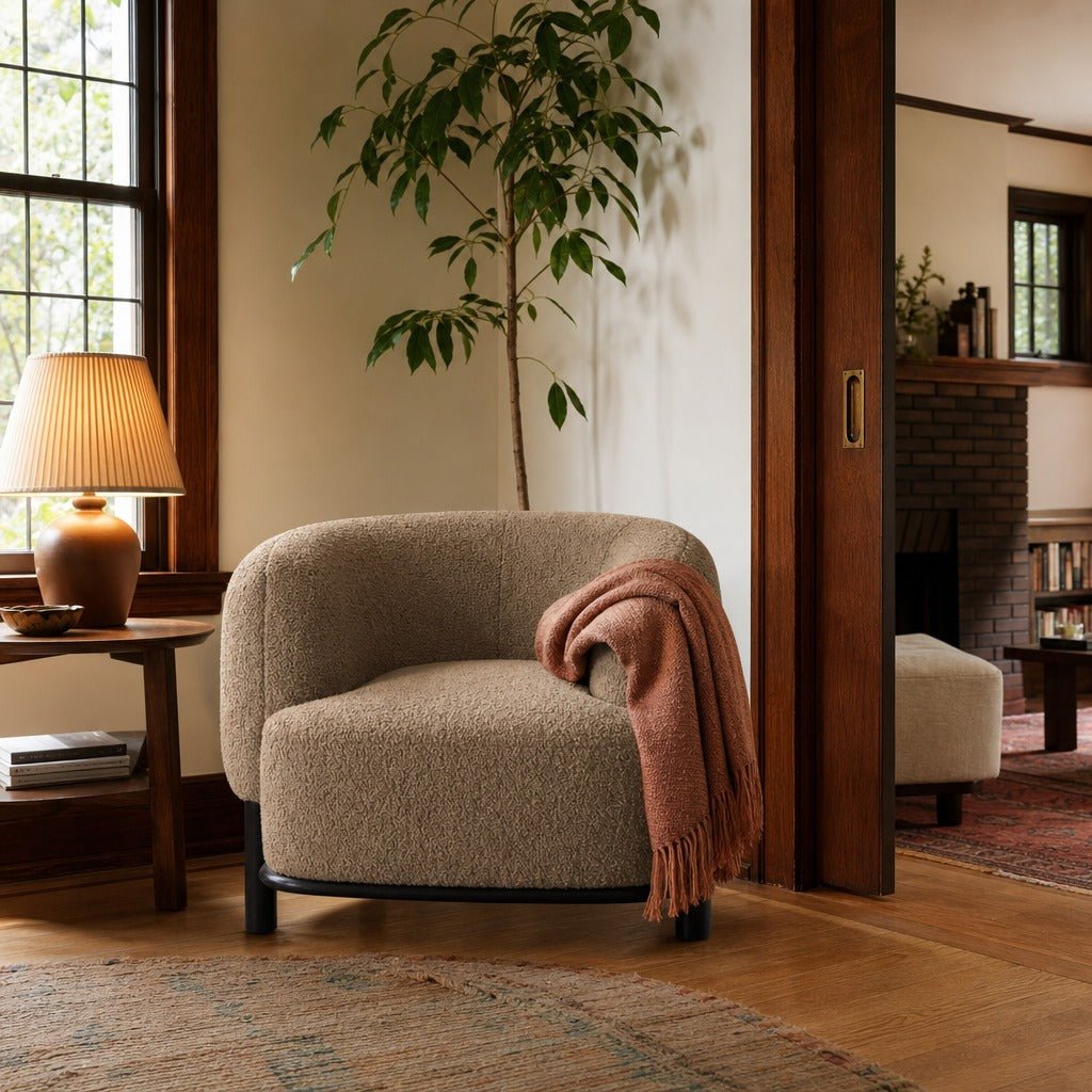 Lawler Upholstered Barrel Back Accent Chair Brown And Black styled in Portland Laurelhurst Tudor cottage living room - What&