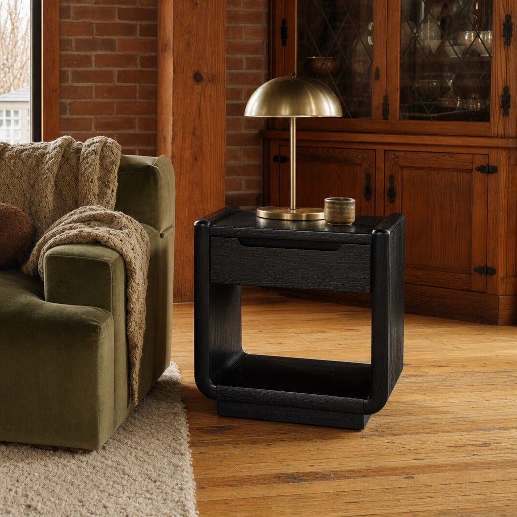 Leandro 1 Drawer Wood Occasional Side End Table Burnished Black styled in Portland converted warehouse flat with warm exposed brick and fir timber beams (no steel, no concrete) living room - What&