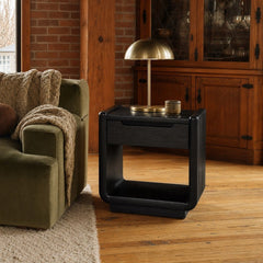 Leandro 1 Drawer Wood Occasional Side End Table Burnished Black styled in Portland converted warehouse flat with warm exposed brick and fir timber beams (no steel, no concrete) living room - What&