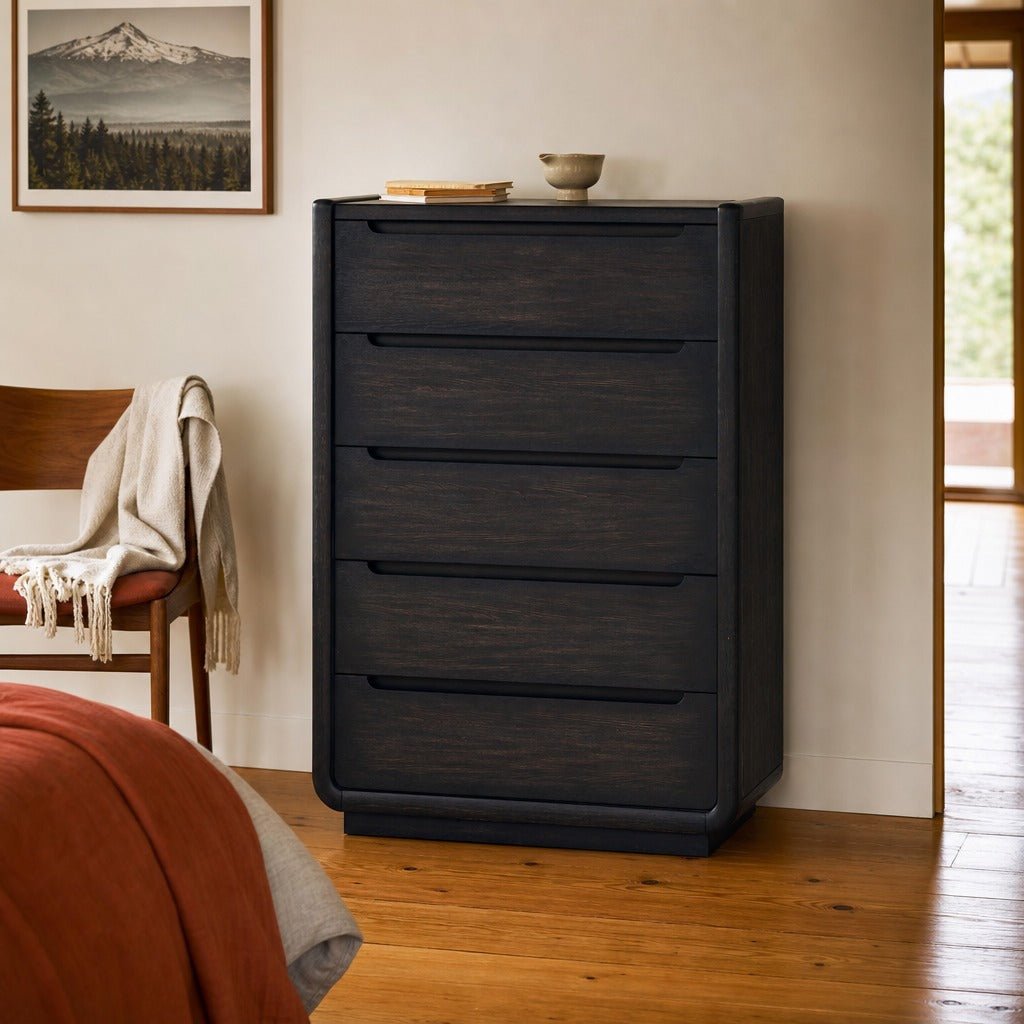 Leandro 5 Drawer Bedroom Chest Of Drawers Burnished Black styled in Portland 1960s Garden Home ranch living room - What&