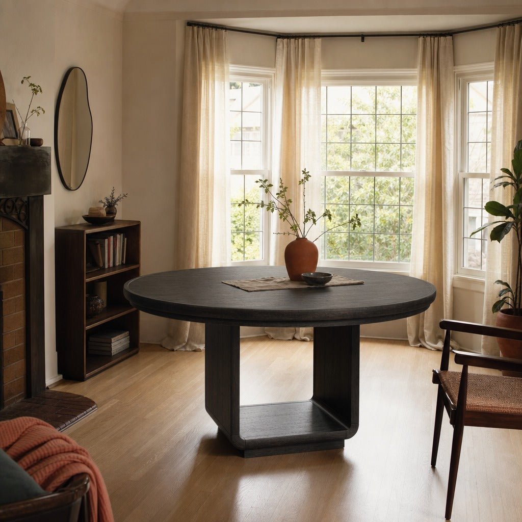 Leandro 60 Inch Round Dining Table Burnished Black styled in Portland Laurelhurst Tudor cottage living room - What&