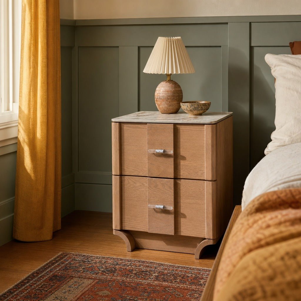 Leanne 2 Drawer Sinter Stone Top Nightstand Light Oak styled in Portland Hawthorne Craftsmbungalow living room - What&