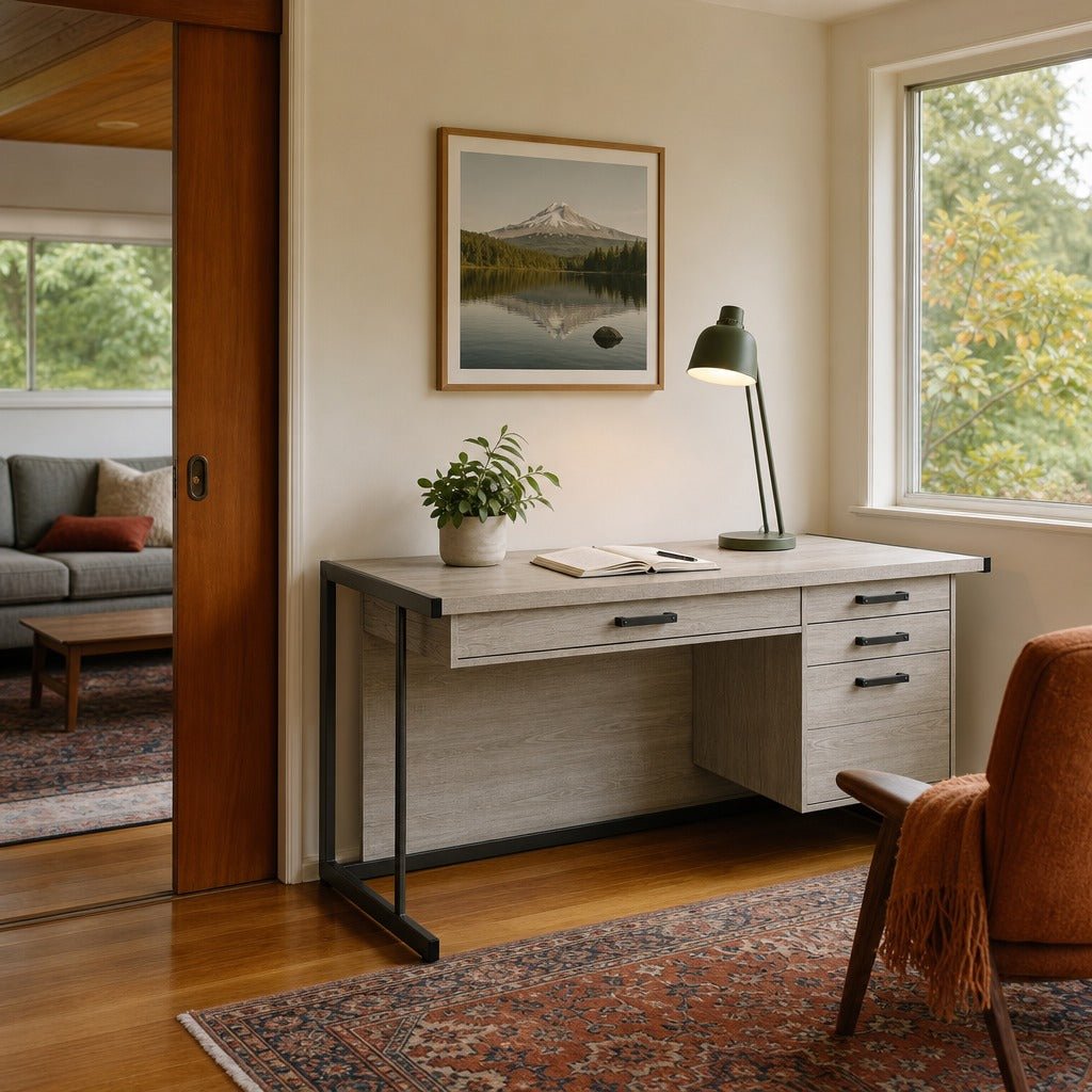 Loomis 60 Inch 4 Drawer Computer Desk Whitewashed Grey styled in Portland 1960s Garden Home ranch living room - What&