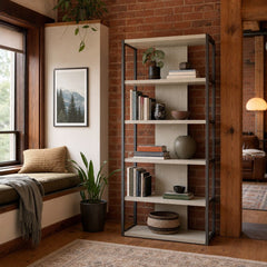 Loomis 72 Inch 4 Shelf Bookshelf Whitewashed Grey styled in Portland converted warehouse flat with warm exposed brick and fir timber beams (no steel, no concrete) living room - What&