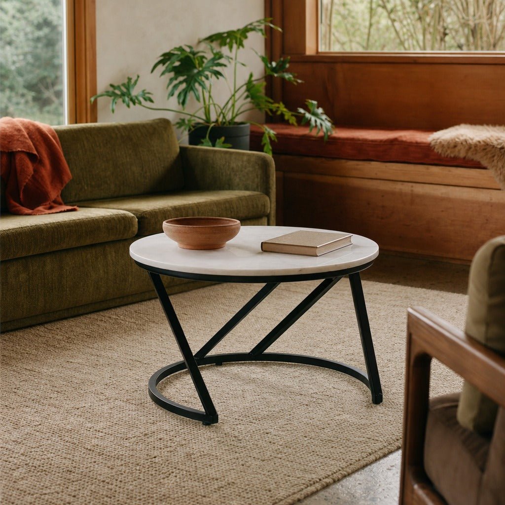 Miguel Round Marble Top Coffee Table White And Black styled in Portland 1960s Garden Home ranch living room - What&