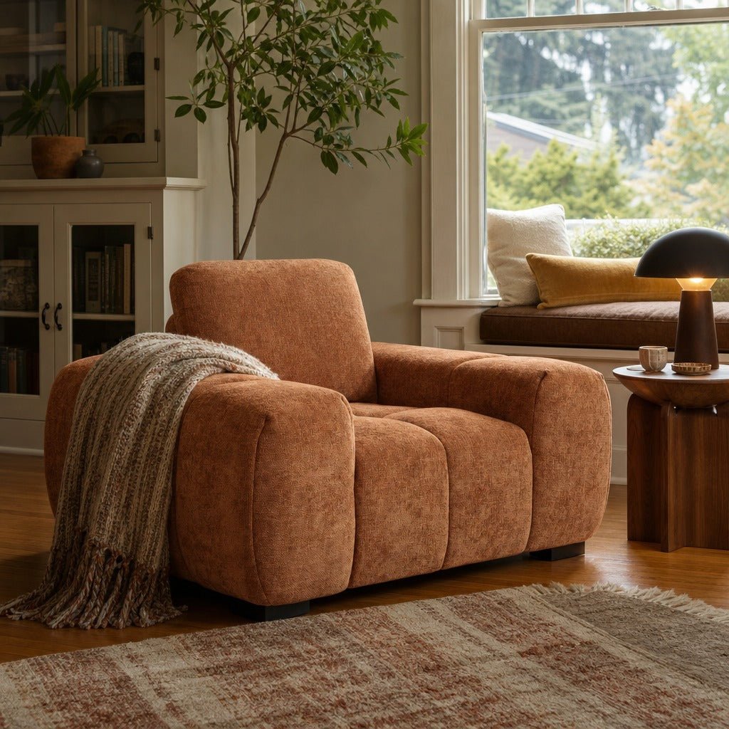 Octavia Upholstered Track Arm Accent Chair Orange styled in Portland Irvington foursquare with original built-ins living room - What&