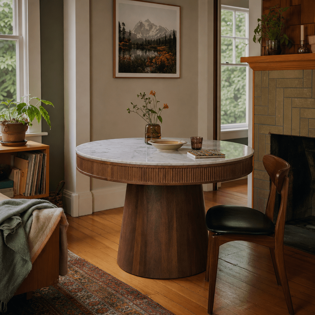 Ortega Round Marble Dining Table in Default Title styled in a Portland home - Whats New Furniture