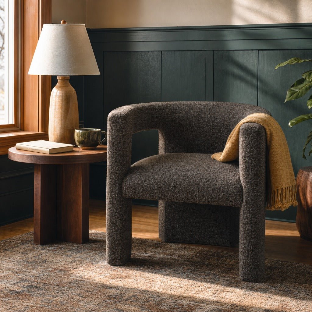 Petra Boucle Upholstered Accent Side Chair Chocolate Brown styled in Portland Hawthorne Craftsmbungalow living room - What&