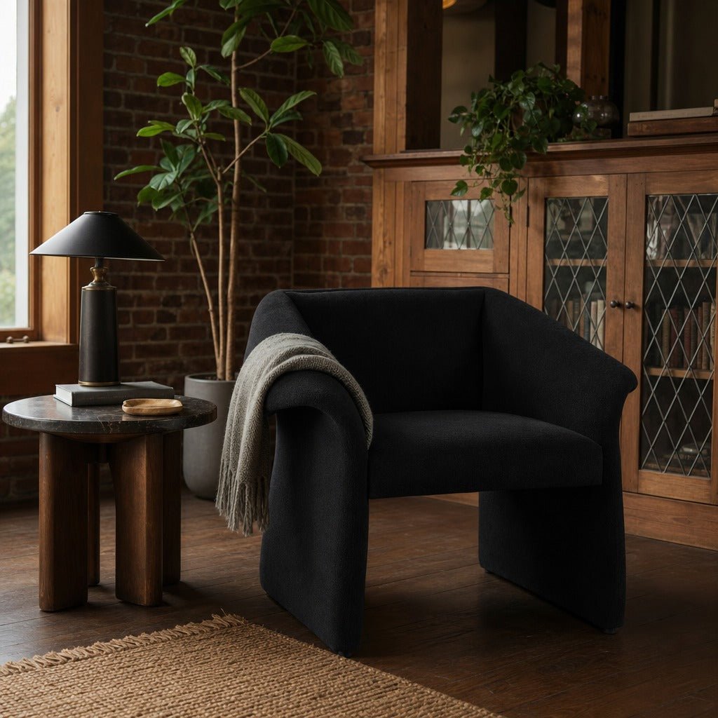 Ramsey Upholstered Sloped Arm Accent Chair Black styled in Portland converted warehouse flat with warm exposed brick and fir timber beams (no steel, no concrete) living room - What&