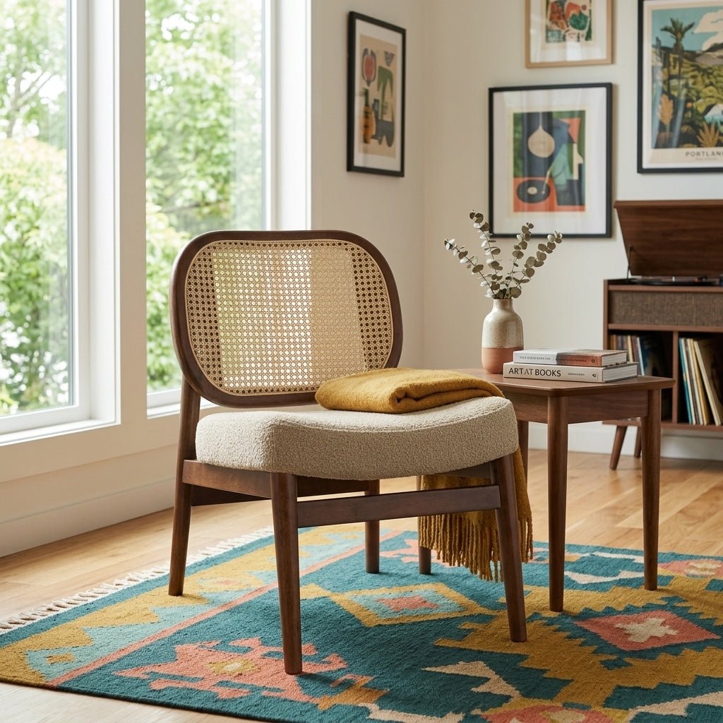 Rayo Rattan Accent Chair styled in a bright Portland mid-century modern interior - Whats New Furniture