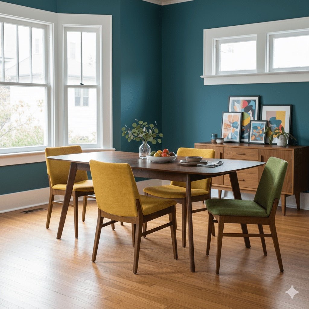 Redbridge Butterfly Leaf Dining Table styled in a mid-century modern dining room with teal walls and a walnut sideboard - Whats New Furniture Portland OR