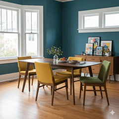 Redbridge Butterfly Leaf Dining Table styled in a mid-century modern dining room with teal walls and a walnut sideboard - Whats New Furniture Portland OR