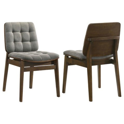 Redbridge Upholstered Dining Side Chair in Grey and Walnut, front and back product view - What's New Furniture Portland